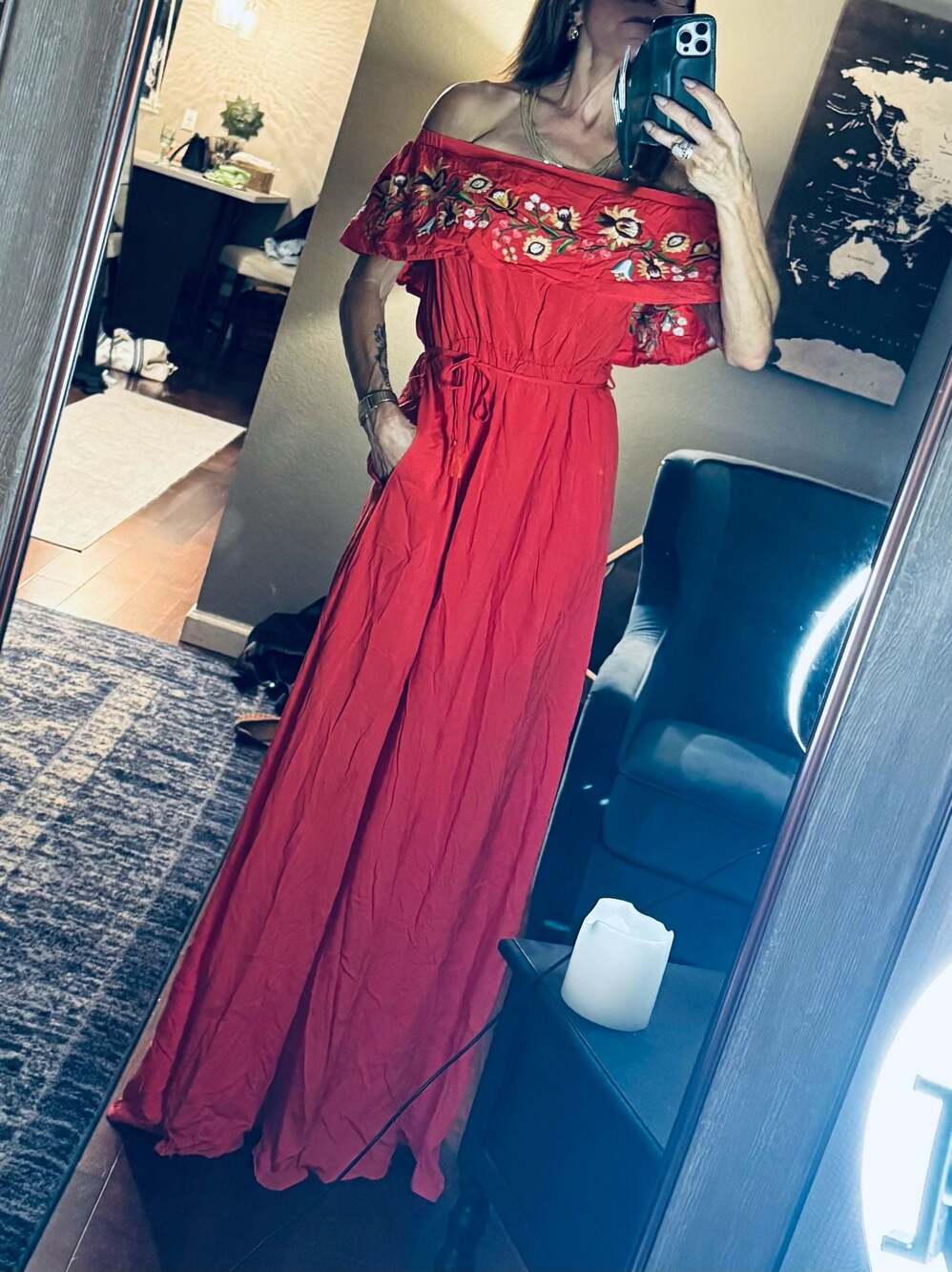Davi & Dani Red Orange Off-the-Shoulder Embroidered Maxi Dress